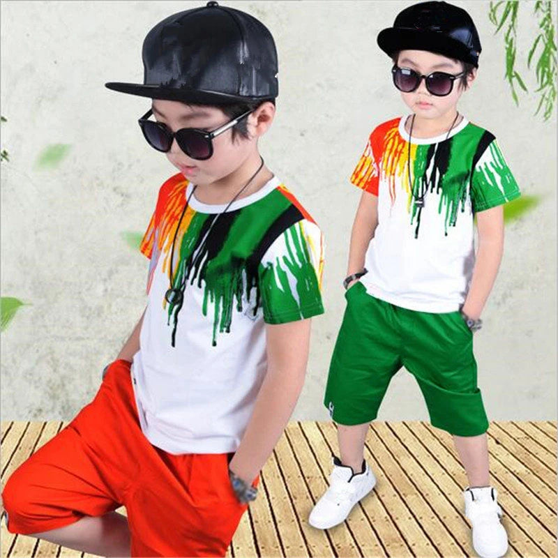 2022 New Summer Boys Clothing Set Casual Hip-hop Stripe Colorful T-Shirt + Pants 2Pcs Suit Kindergarten Performance Kids Clothes