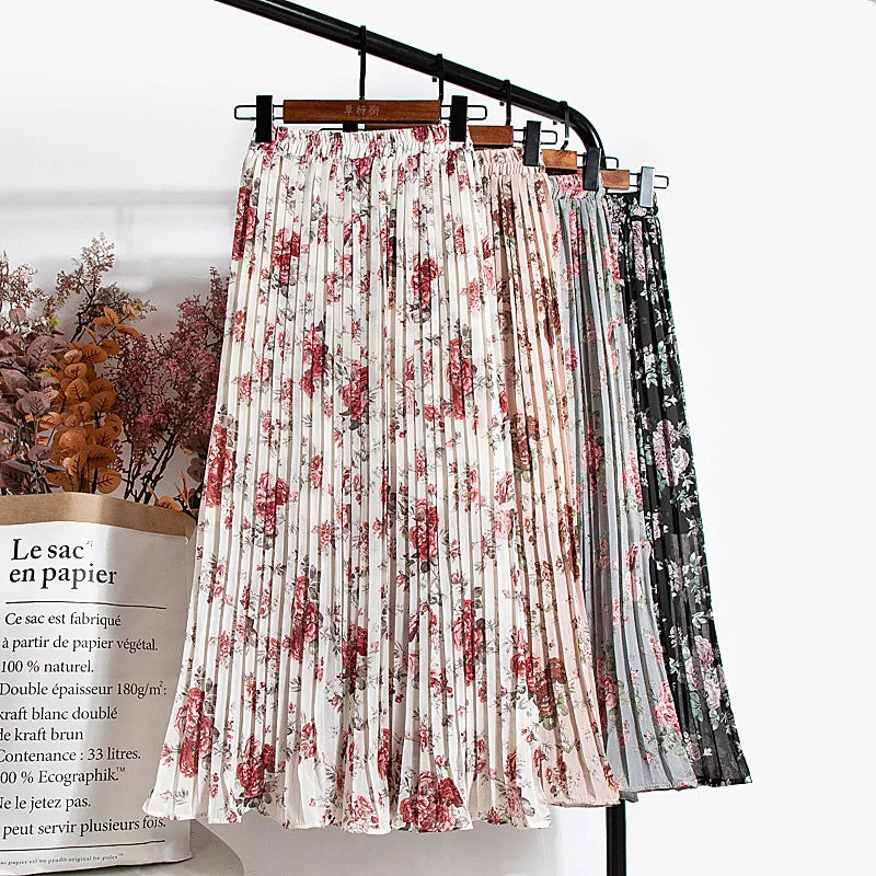 Croysier Skirts Womens 2021 High Waist Floral Print Mid Calf Long Pleated Skirt Women Summer Vintage Elegant Chiffon Midi Skirt