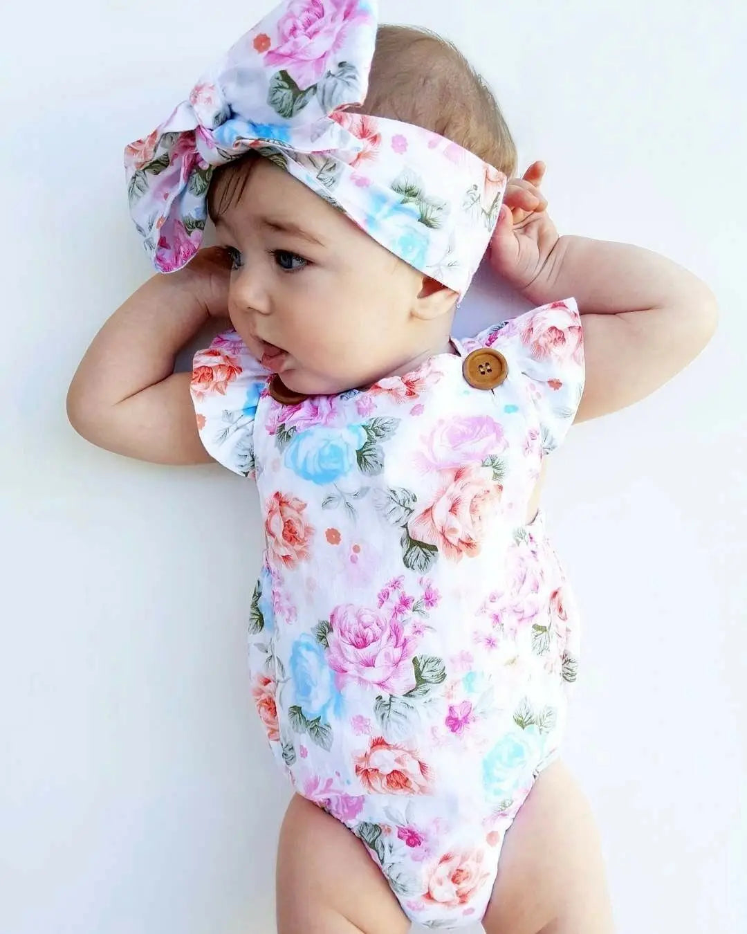 Baby Girls Floral Bodysuit Girl Jumpsuit Short Sleeveless Clothes Bodysuit+ Headband Sunsuit Baby Kids Outfit Newborn 2Pcs Set