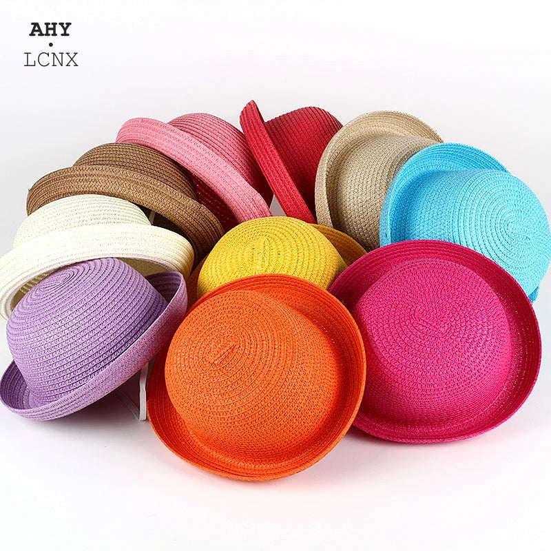 Wholesale Baby Straw Hat Solid Color Kids Character Decoration Infant Sun Hats Girl Boys Bucket Cap Children Beach Panama Caps