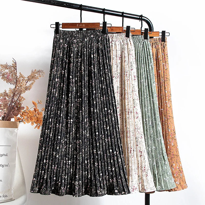 Croysier Skirts Womens 2021 High Waist Floral Print Mid Calf Long Pleated Skirt Women Summer Vintage Elegant Chiffon Midi Skirt