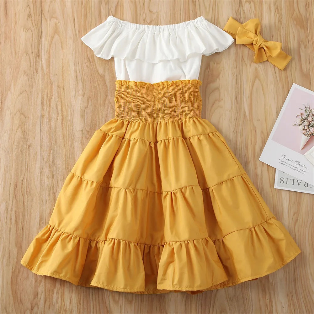 Toddler Kids Baby Girls Off Shoulder Ruffle Top Shirt Elastic Waist Dress Headband 3Pcs Solid Summer Outfit Set Clothes 2-7T