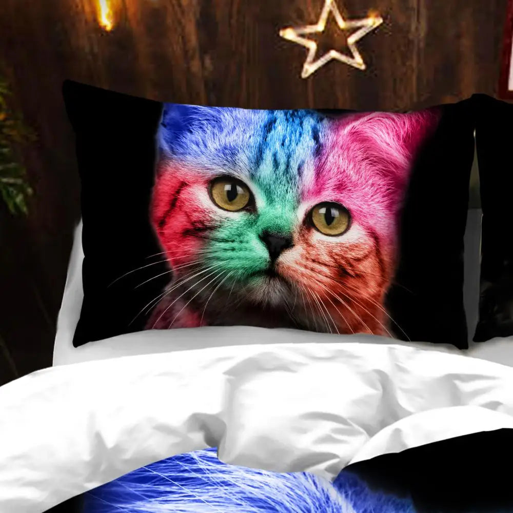 3D Cat Bedding Set for Girls Boys Cute Colorful Cat Pattern Bedspread 3 Piece Bold Color Black Animal Duvet Cover Set