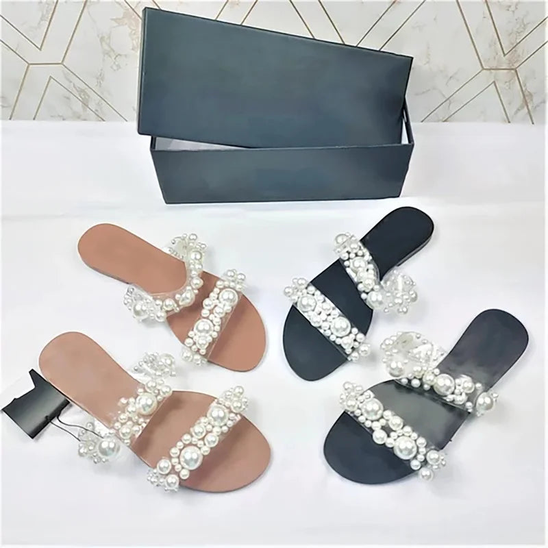 Ladies bohemian pearl slippers open toe flat sandals crystal flip flops summer shoes new style 2021 transparent flat sandals