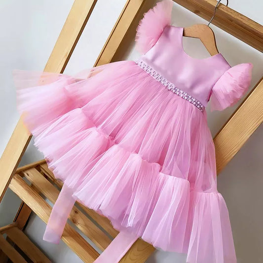 Pink Kid Girl Wedding Dress Baby Pageant Girl Party Princess Birthday Dress Children Clothes Bow Lace Gown Elegant Vestidos