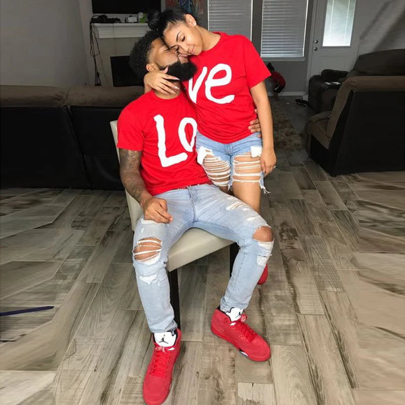 His- and- hers Couple Matching T-shirts Top Casual Red LO VE Women Men Fashion Boyfriend Girlfriend Tees Lovers tshirt Femme