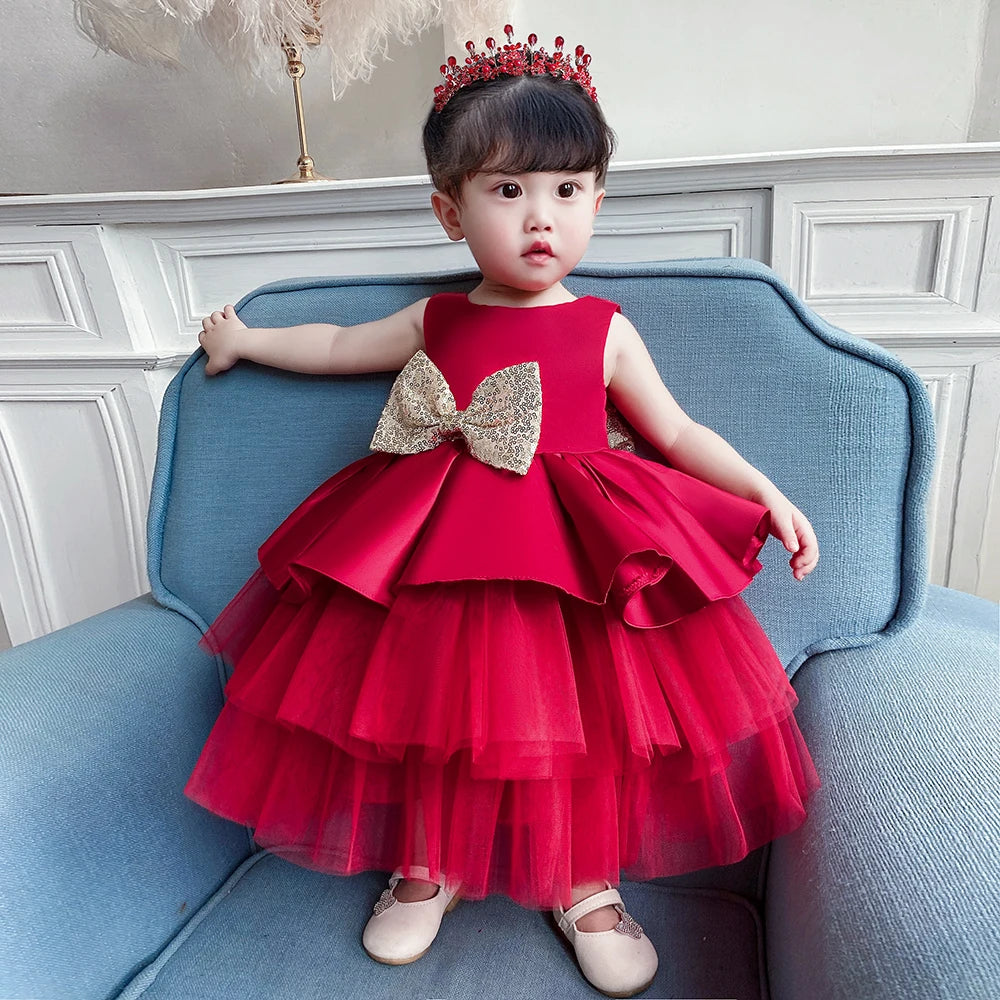 2024 Summer Sequin Big Bow Baby Girl Dress 1st First Birthday Party Wedding Dress For Girl Princess Evening Dresses Kid Clothes