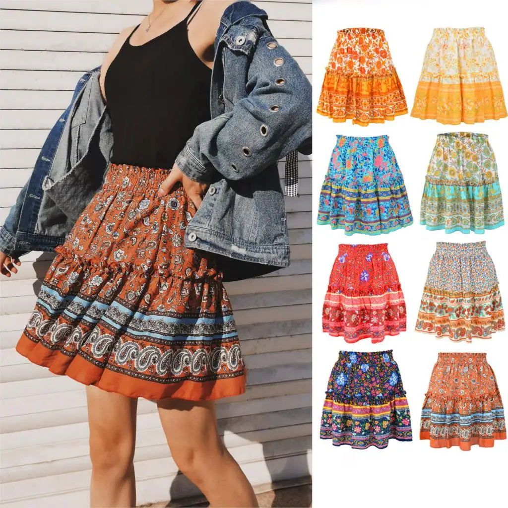 woman skirts harajuku hot style celebrity printed Bohemian national wind ruffled skirts womens WSL4201