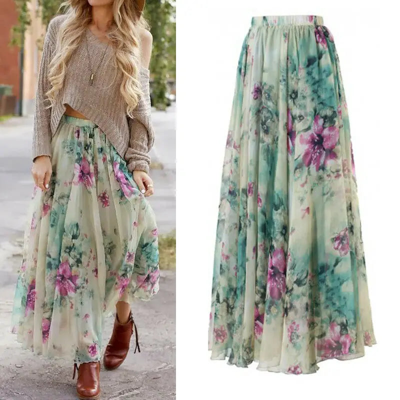 1PC popular Chiffon BOHO Womens Floral Jersey Gypsy Long Maxi Full Skirt Beach Sun Dress High quality Beautiful ladies dress