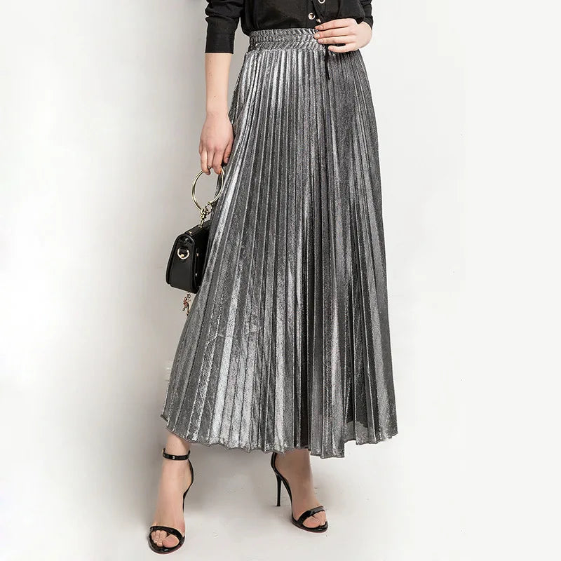 LANMREM 2024 new Spring fashion women clothes high waist A-line pleated sliver vintage elastic long halfbody skirt WH28501XL