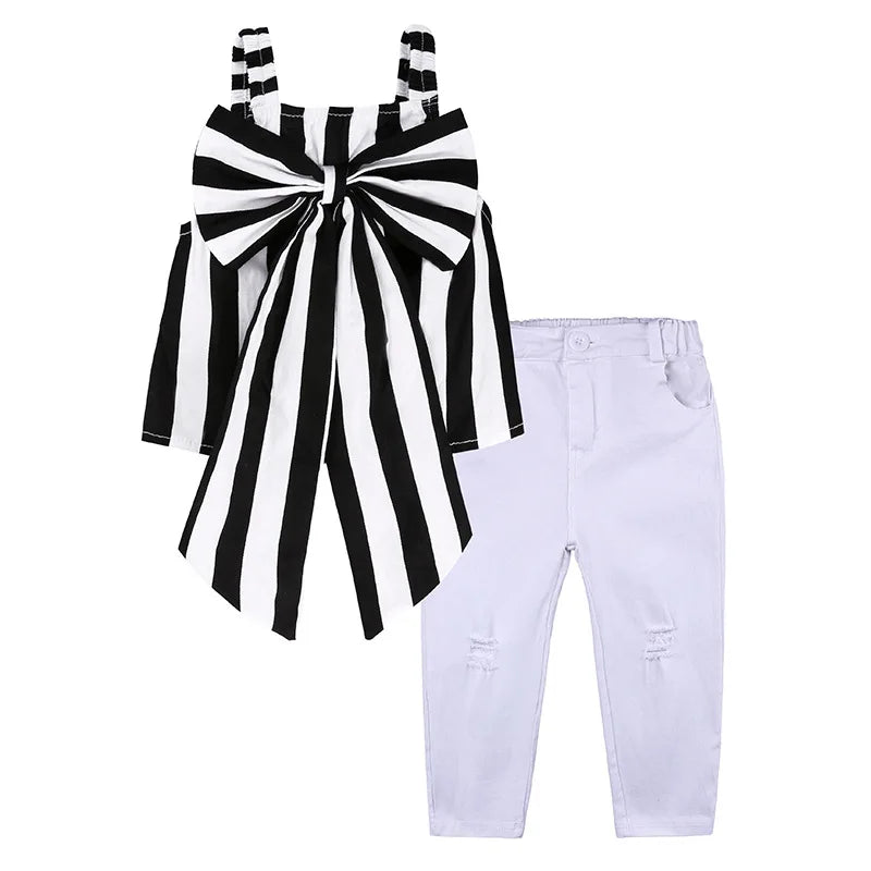 New Baby Girls Fashion Set Stripe Camisole Bow Tops+White Hole Denim Pants Kids 2 Pieces Outfits Birthday Party Children Clothes