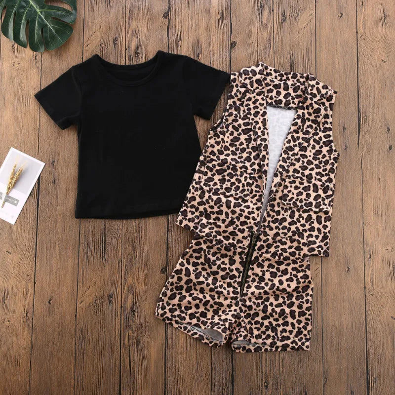 Emmababy Summer 2024 Toddler Baby Girl 3PCS Clothes Outfit Sleeveless Leopard Shirt+Tops T-Shirt+Short Pants Set