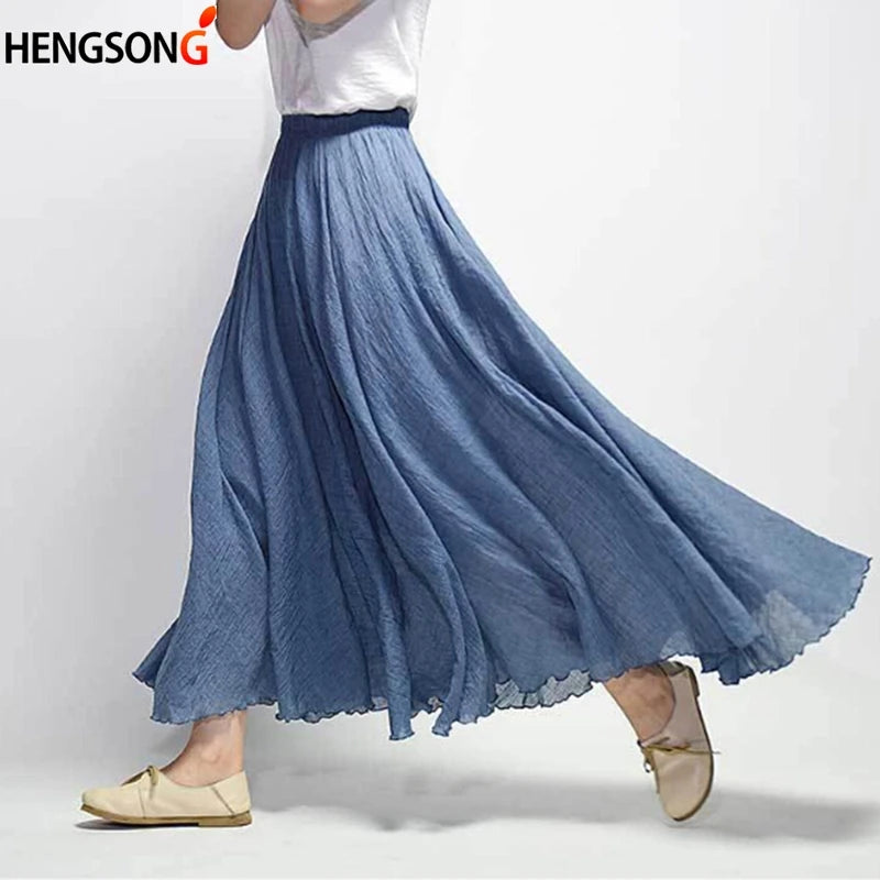 14 Colors Linen Maxi Skirt Pleated Vintage Boho Maxi Long Casual Cotton Beach Skirt Empire A-Line Linen Skirt Ladies Clothing