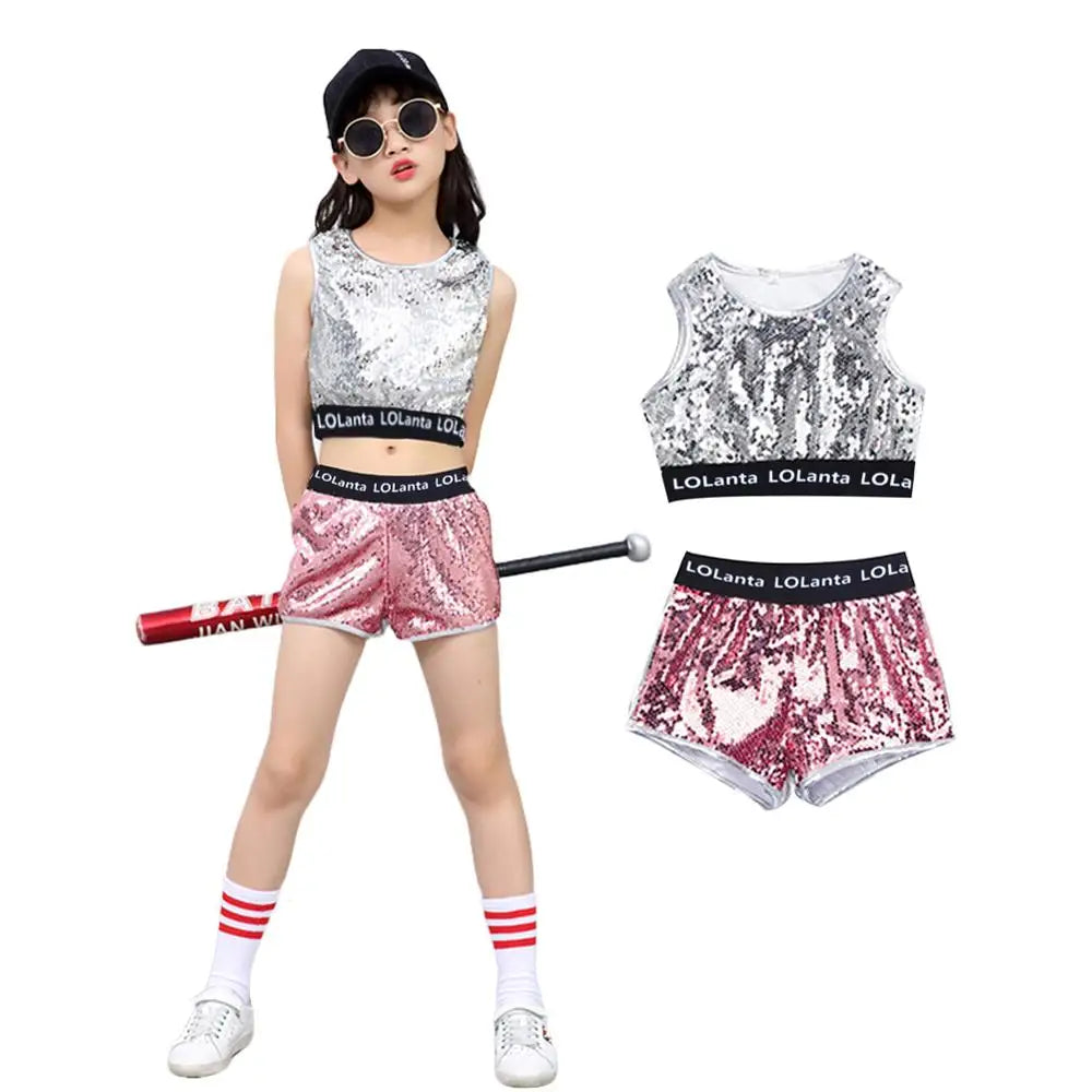 LOlanta 4-14 Years Girls Pink Sequin Crop Tops Shorts Jacket Dancewear Costume Hip Hop Modern Jazz Dance Stage Performance Wear