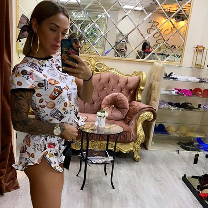 OMSJ 2024 New Women Funny Sleepwear Party Suit Summer Casual Crop Top And Shorts Sets Female Two Piece Outfits Fashion Tracksuit