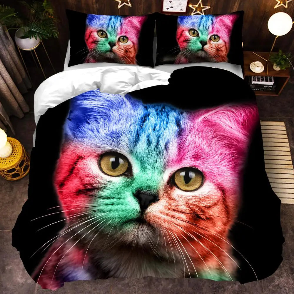 3D Cat Bedding Set for Girls Boys Cute Colorful Cat Pattern Bedspread 3 Piece Bold Color Black Animal Duvet Cover Set