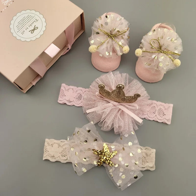 3Pcs/Set Lace Flower Baby Girl Headband Socks Set Crown Bows Newborn Hair Band Foot Socks Photo Props for Baby Hair Accessories