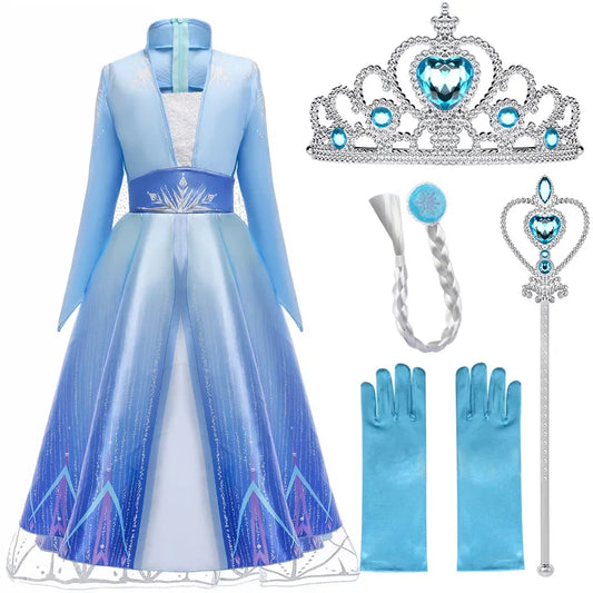 Elsa Dresses For Girls Princess Party Elsa Costume Snow Queen 2 Cosplay Elza Vestidos Hair Accessory Set Halloween Girls Clothes