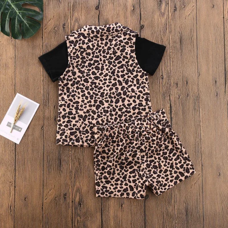 Emmababy Summer 2024 Toddler Baby Girl 3PCS Clothes Outfit Sleeveless Leopard Shirt+Tops T-Shirt+Short Pants Set