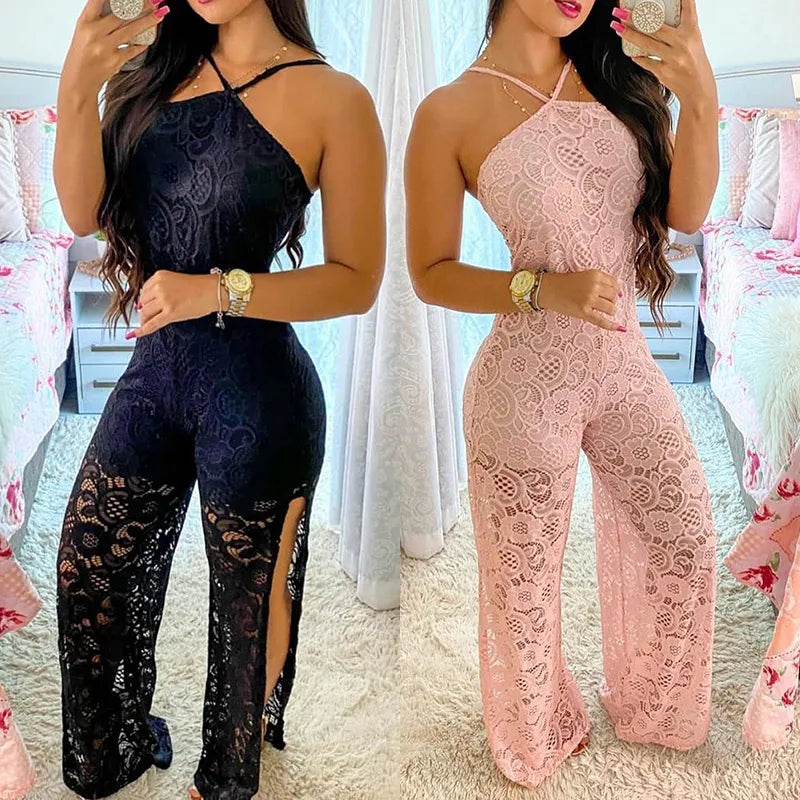 Elegant Jumpsuit Women 2022 Summer Halter Sleeveless Crochet Lace High Slit See Through Holiday Long Sexy Long One Piece Suits