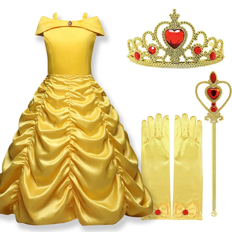 2021 Cosplay Belle Princess Dress Girls Dresses For Beauty and the beast Kids Party Clothing Magic stick crown Children Costume