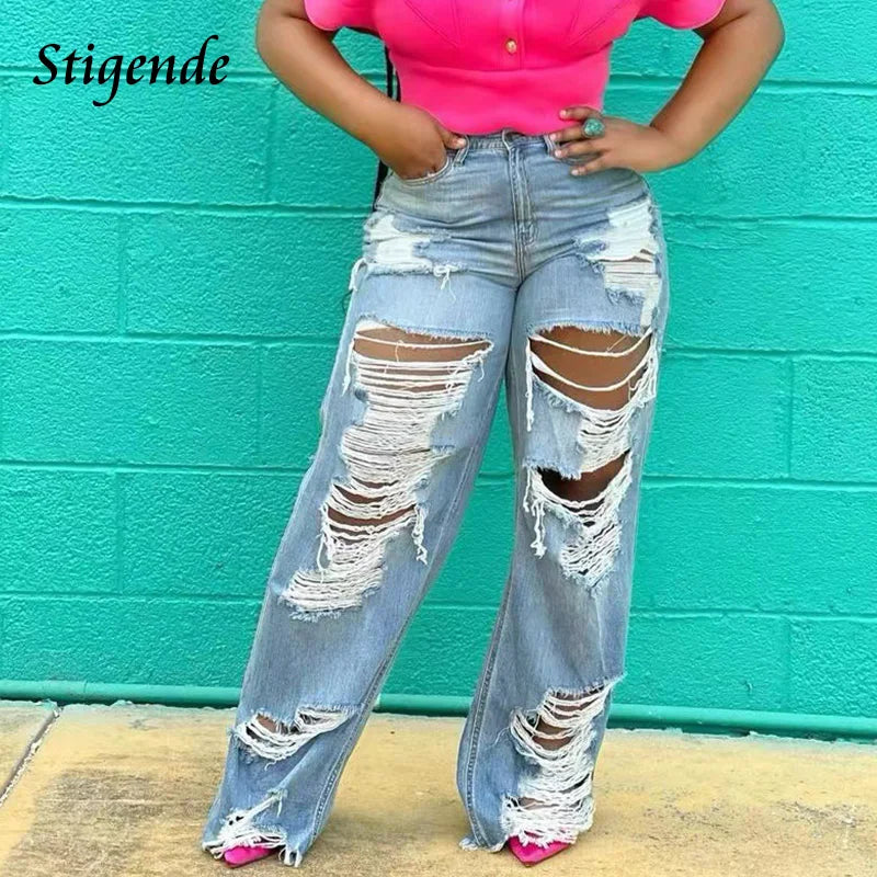 Stigende Women XXXL Denim Pants Wide Leg Ripped Jeans Streetwear Sexy Hollow Out Patchwork Shredded Jeans Fashion Trousers