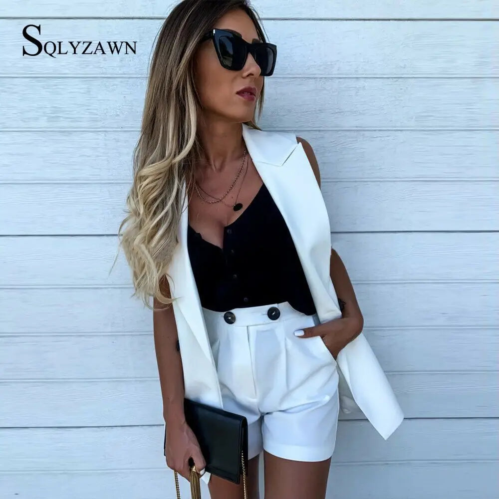 New Fashion Women Two Piece Set Suit Coat and Shorts Set Solid Color Vest Coat Single Button Sleeveless Blazers with Shorts Suit