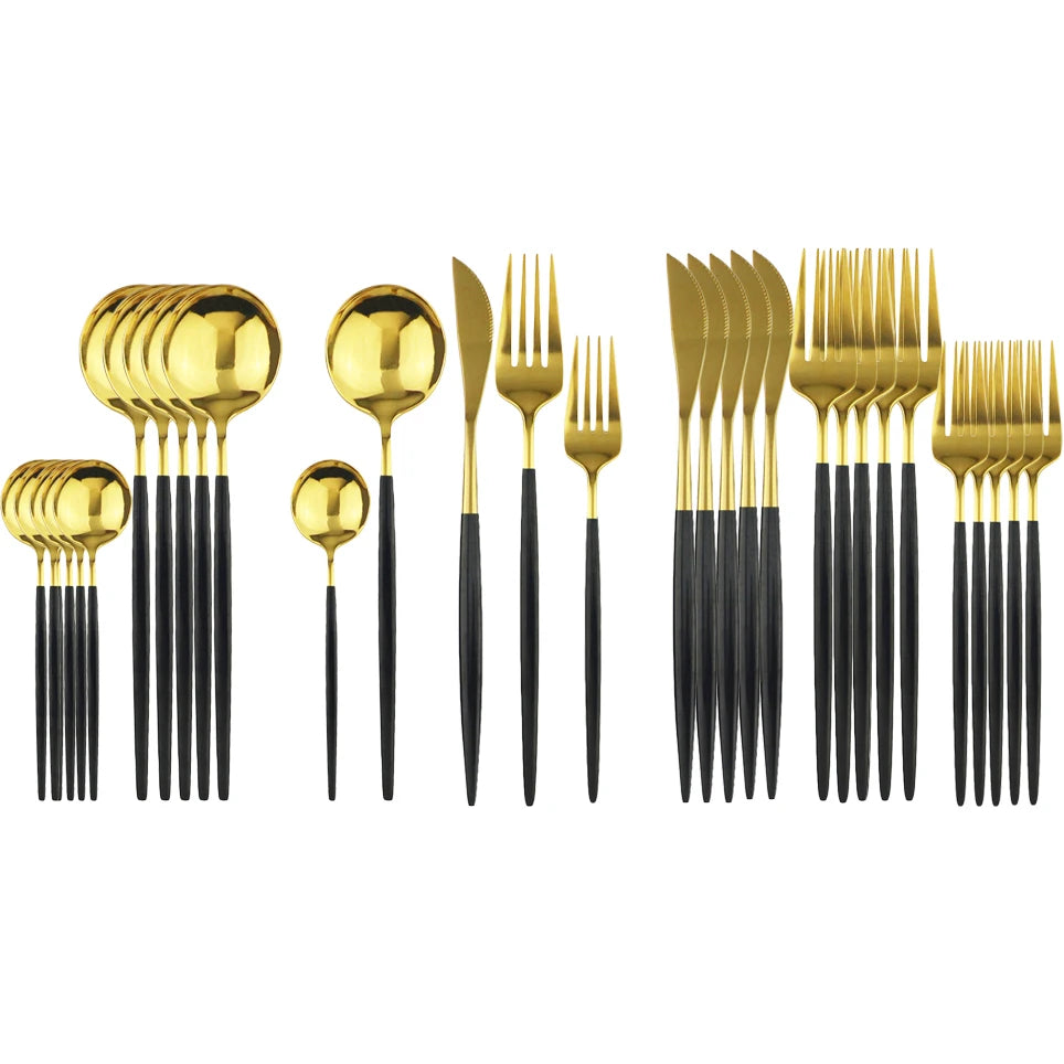 30Pcs Mirror Black Gold Cutlery Set Flatware Set Dessert Fork TeaSpoon 304 Stainless Stee Dinnerware Set Kitchen Tableware