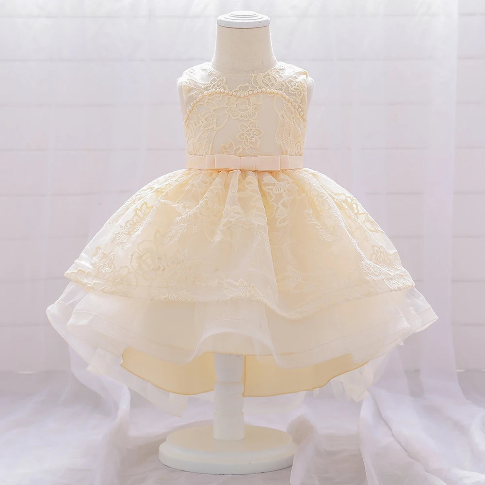 Infant Bow Baptism Baby Girls Dresses White Trailing Bridemaids Baby Clothes Princess Tutu 1st Birthday Party Dress Wedding Gown