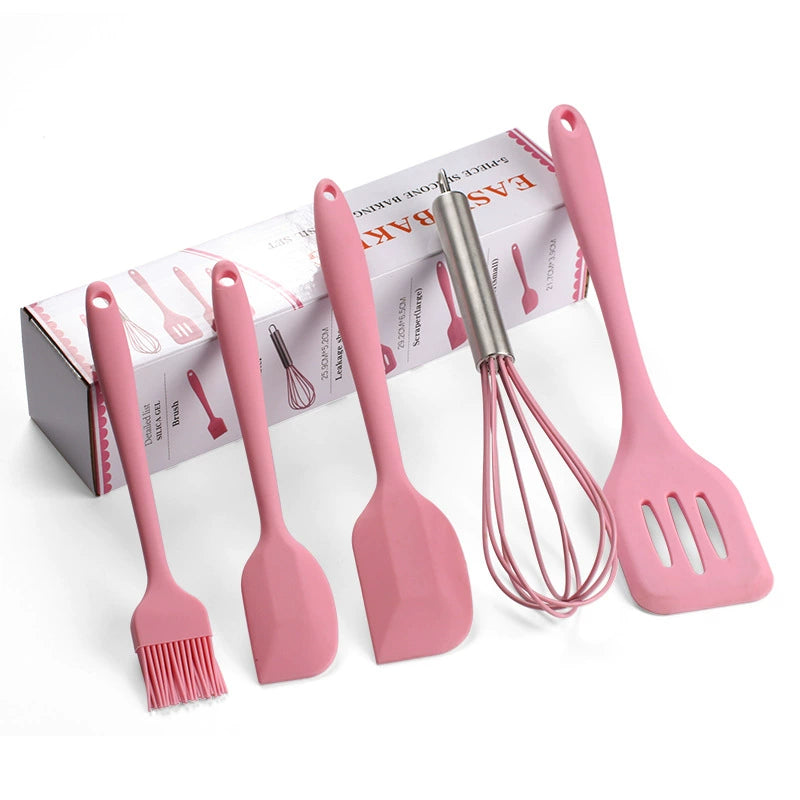 Amazon Hot Silicone Kitchenware 5-Piece Set Cooking Spoon and Shovel Egg Beater Brush Kitchen Tools Color Box Packaging