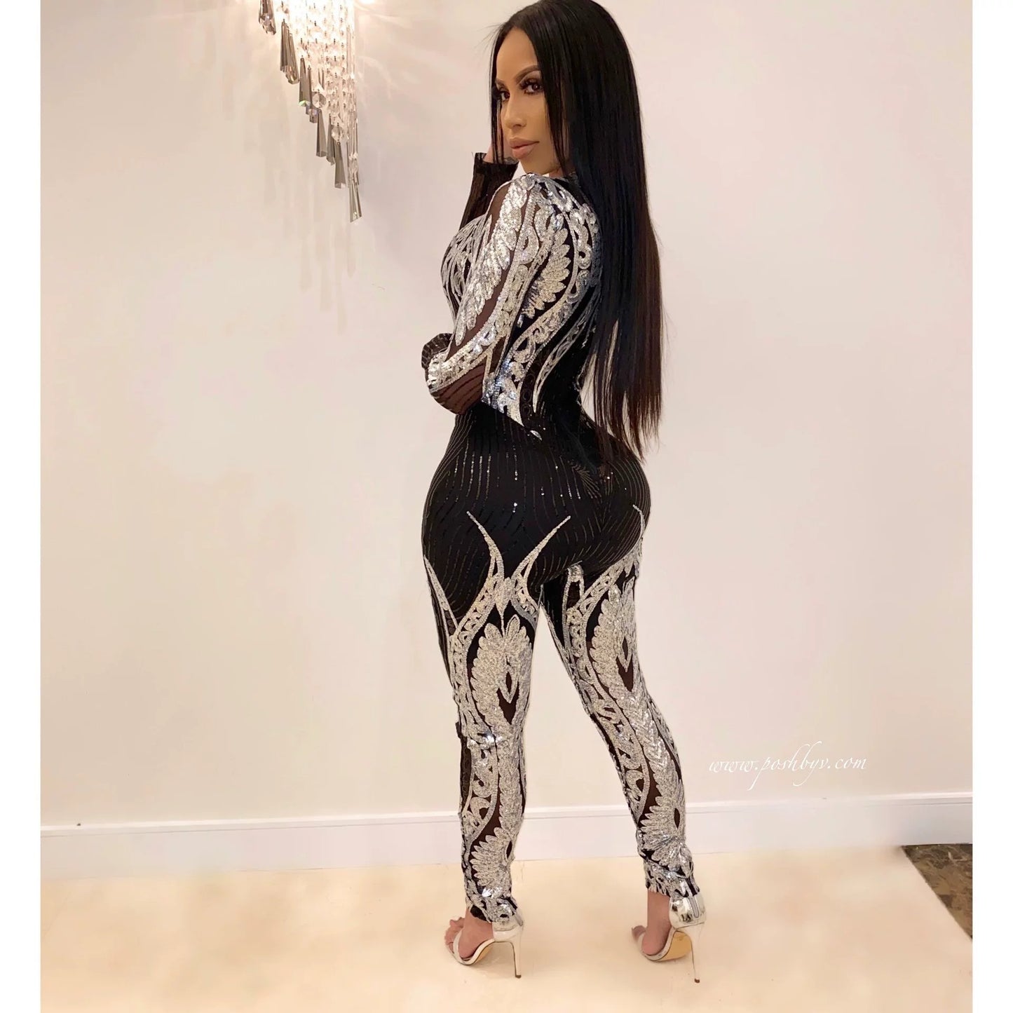 Women's High-End Long-Sleeve See-through Sequin Jumpsuit