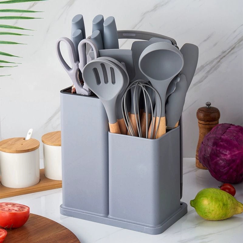 Wooden Handle Silicone Kitchenware Set 19-Piece Cooking Ladel Color Non-Stick Chef Knives Storage Bucket Cross-Border Hot Selling