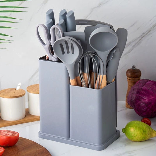 Wooden Handle Silicone Kitchenware Set 19-Piece Cooking Ladel Color Non-Stick Chef Knives Storage Bucket Cross-Border Hot Selling