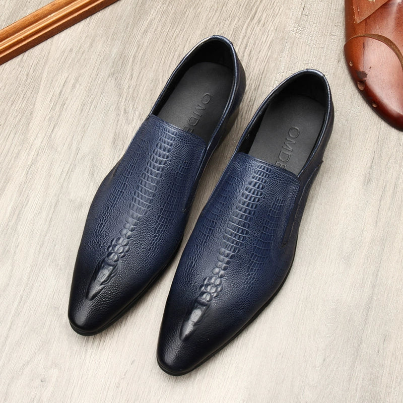 Blue Crocodile Pattern Men's Slim-Fit Casual Pointed Leather Shoes