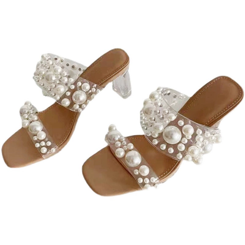 2023 Autumn New Ethnic Style High Heel Slippers Women's Outer Wear Chunky Heel Pearl Flip Flops 31 32 33 Small Size