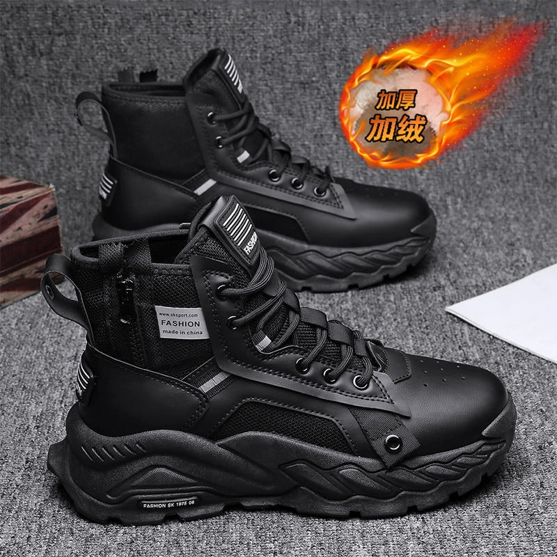 High-Top Shoes Men's Fall and Winter Thick Sole Black Casual Sports Safety Shoes Men's Boots Winter Velvet Warm Cotton Shoes