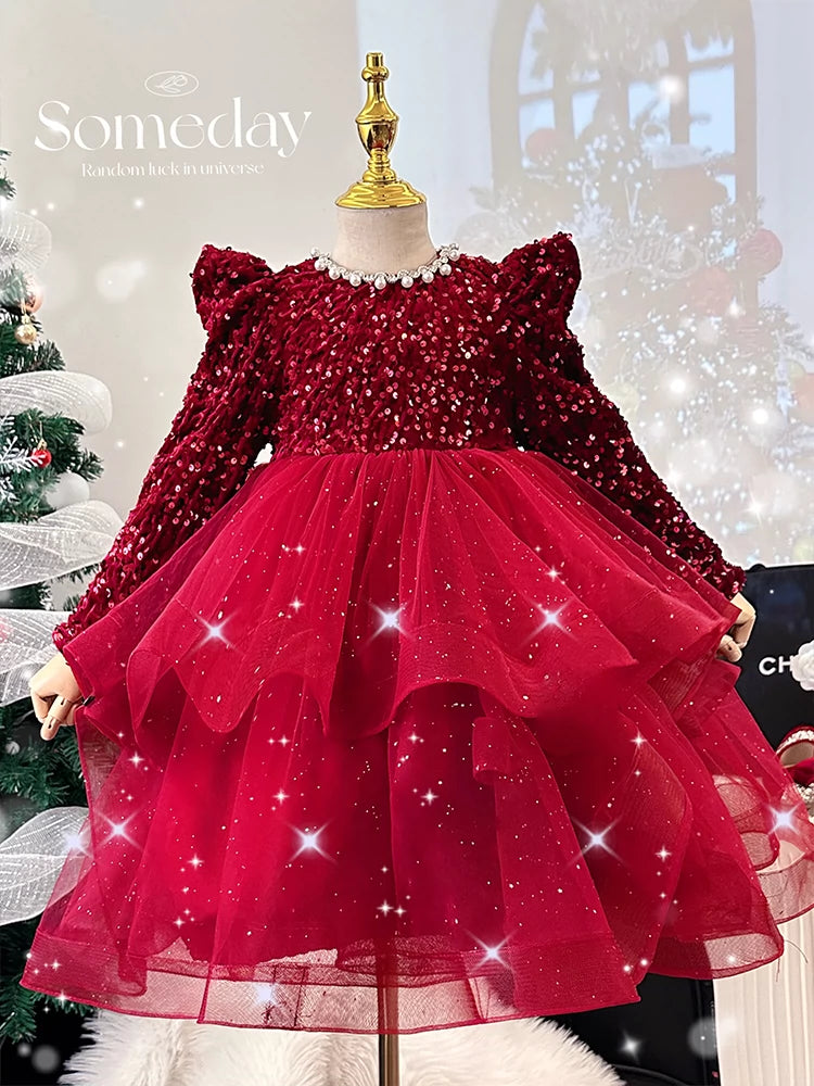 Girl's Princess Dress Fall and Winter Classy Little Girl Fleece-lined Sequins Dress Children's Western Style New Year Red New Year Clothes