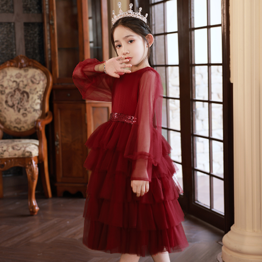 Little Host's Dress Girls Piano Playing Princess Dress Children's Graduation Class Performance Dress Red Performance Pettiskirt