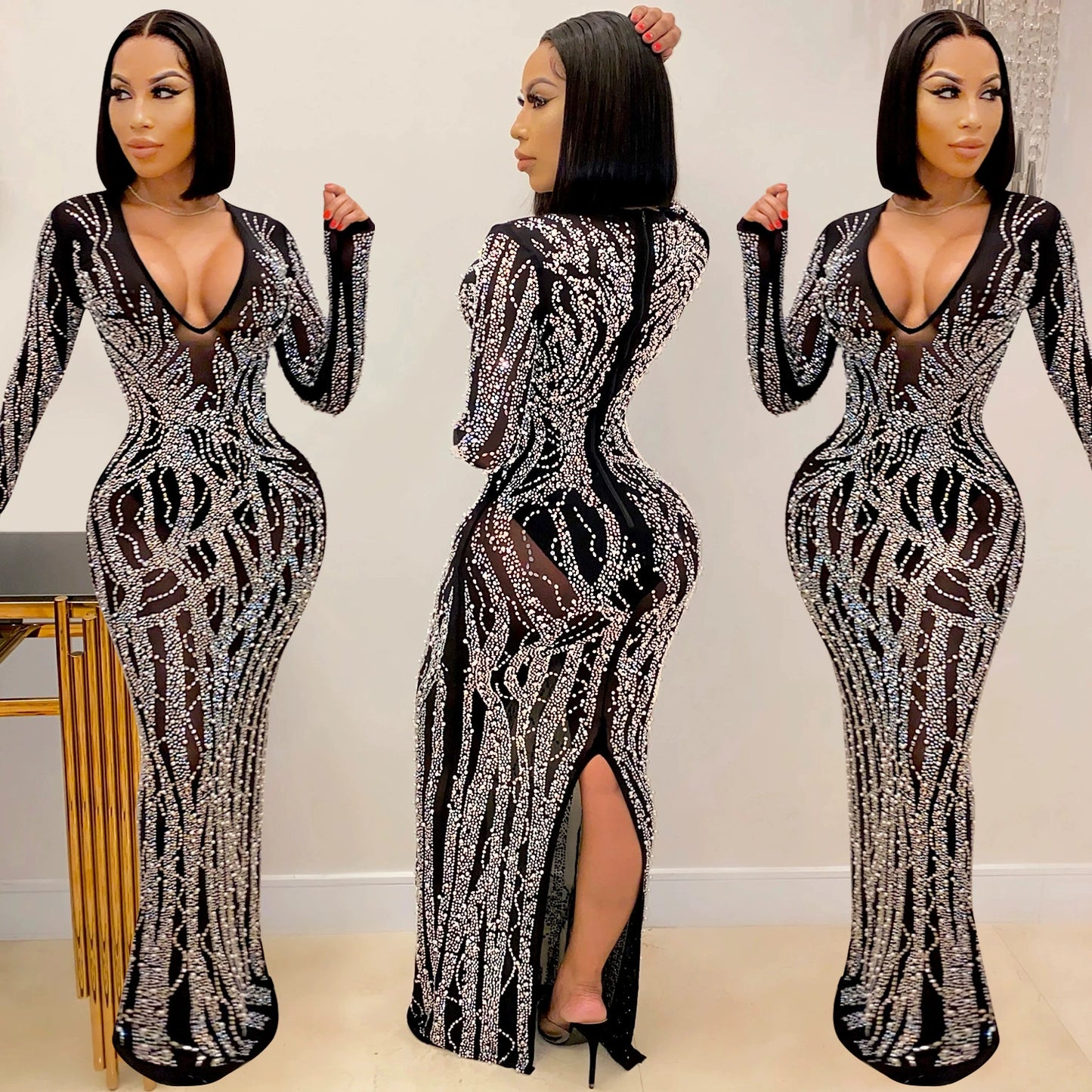 Women Sexy Party Evening Dress Nightclub Sexy Sheer Mesh Shiny Female Dress