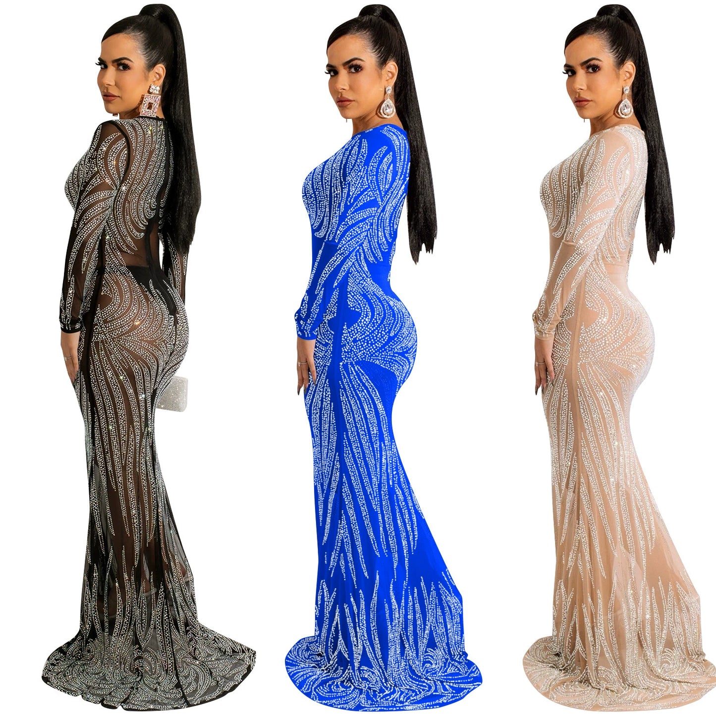 X5606 Amazon Mesh See-through Dress Rhinestone