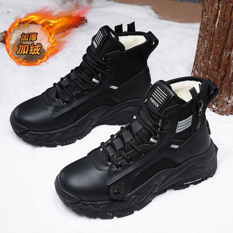 High-Top Shoes Men's Fall and Winter Thick Sole Black Casual Sports Safety Shoes Men's Boots Winter Velvet Warm Cotton Shoes