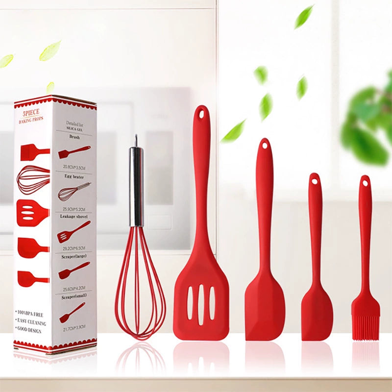 Amazon Hot Silicone Kitchenware 5-Piece Set Cooking Spoon and Shovel Egg Beater Brush Kitchen Tools Color Box Packaging