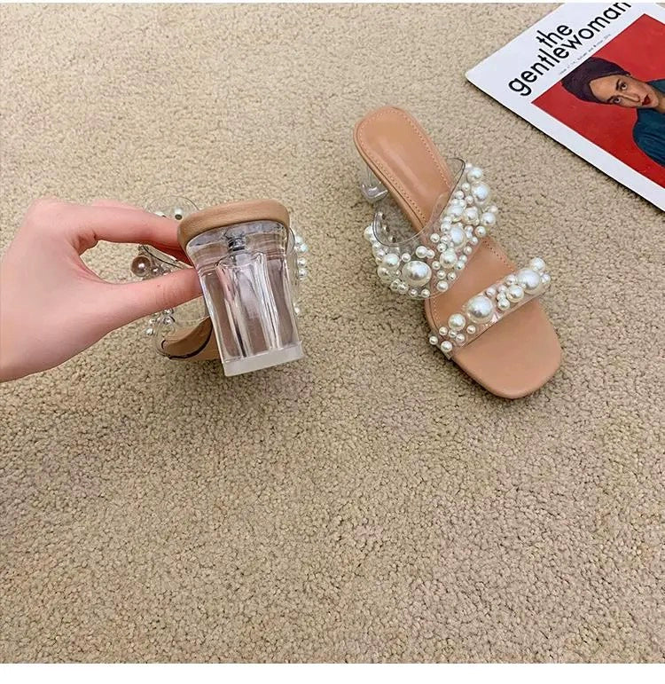 2023 Autumn New Ethnic Style High Heel Slippers Women's Outer Wear Chunky Heel Pearl Flip Flops 31 32 33 Small Size