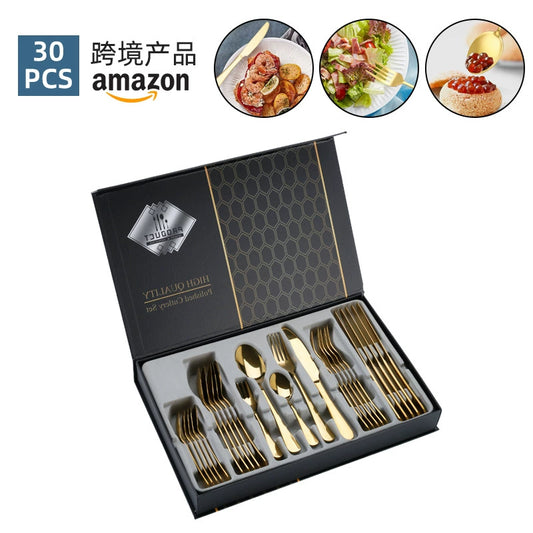 Cross-Border New Hot Selling 1010 Stainless Steel Tableware 30-Piece Set Hotel Tableware Knife, Fork and Spoon Gift Set Gift