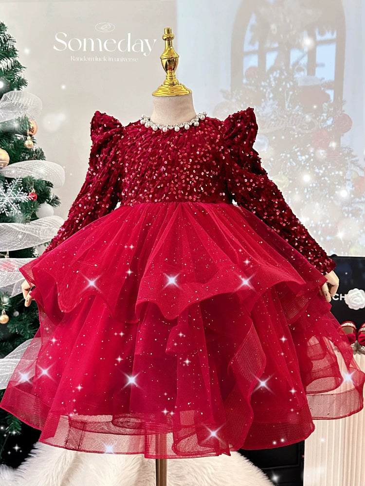 Girl's Princess Dress Fall and Winter Classy Little Girl Fleece-lined Sequins Dress Children's Western Style New Year Red New Year Clothes