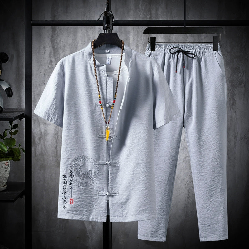 Chinese Style Suit Men's Tang Suit Short-Sleeved T-shirt Men's Summer Ice Silk Shirt Men's Casual Hanfu Two-Piece Embroidery