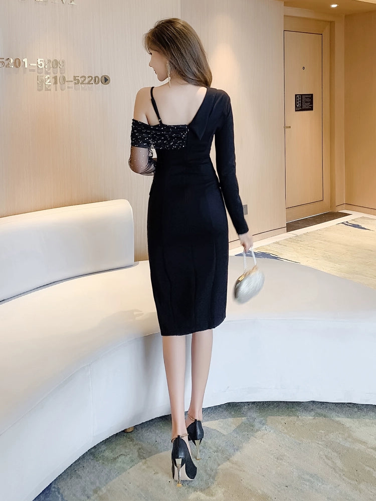 Autumn Clothing New Women's Clothing Asymmetrical Inspirational Design Stylish Sequin Splicing Sling Dress Slit Sheath Skirt Tide