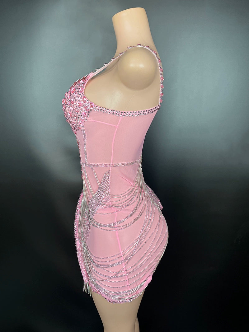 Latin Dance Dancing Dress Pink Cute Sexy Sling Stage Costume Personality Diamond Stud Ultra Short Bodycon Dress Elegant