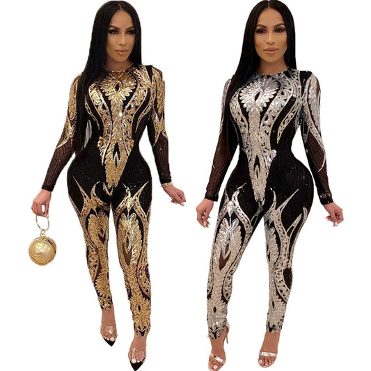 Women's High-End Long-Sleeve See-through Sequin Jumpsuit