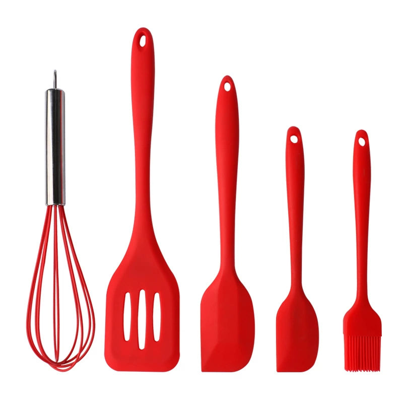 Amazon Hot Silicone Kitchenware 5-Piece Set Cooking Spoon and Shovel Egg Beater Brush Kitchen Tools Color Box Packaging